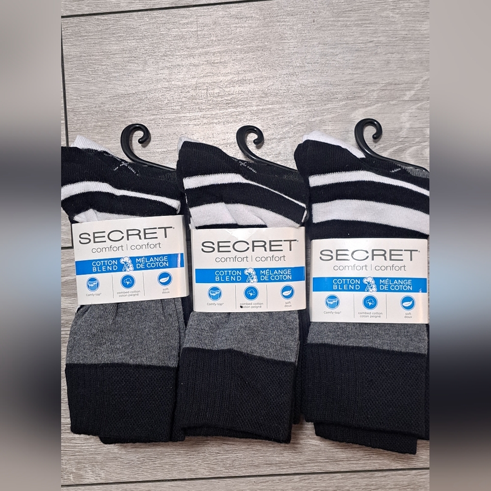 3 Brand New Secret Comfort 3 Pair Women's Black and White Stripped Crew Socks